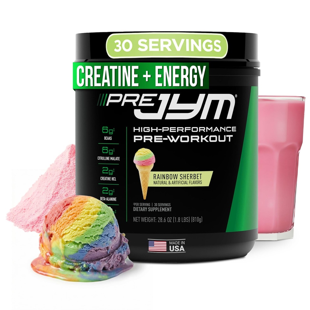JYM 补充科学预科 JYM Rainbow Sherbet 男女预研粉, BCAAs, Nootropotics, Creatine HCI, Citrulline, Beta-Alanine, Betaine, Taurine, Huperzine, 30名服务员