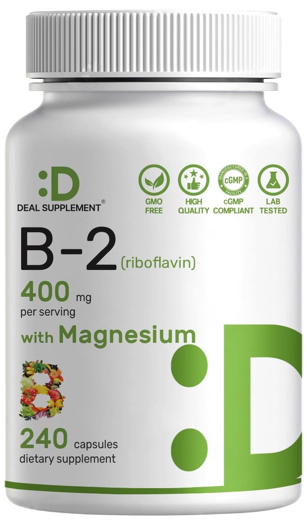 DEL 维生素B2 400mg (Riboflavin) 与甘化镁400mg, 240 capsules — 1中的2个支持健康神经系统,Mood,血液和能源生产,非GMO