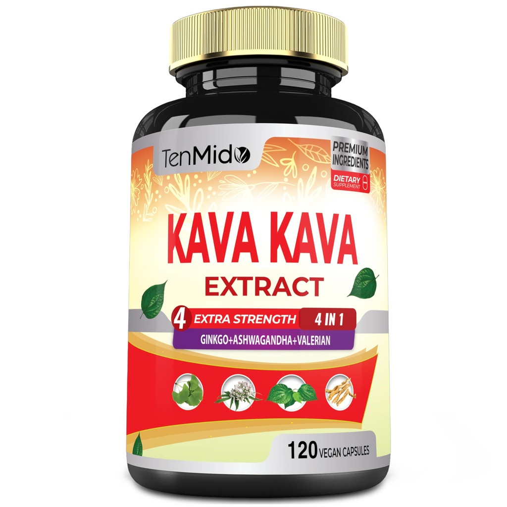 Kava Kava 补编 摘录 Capsules, 与 Ginkgo 、 Ashwagandha 、 Valerian - 放松支持 补编 120 Vegan Capsules