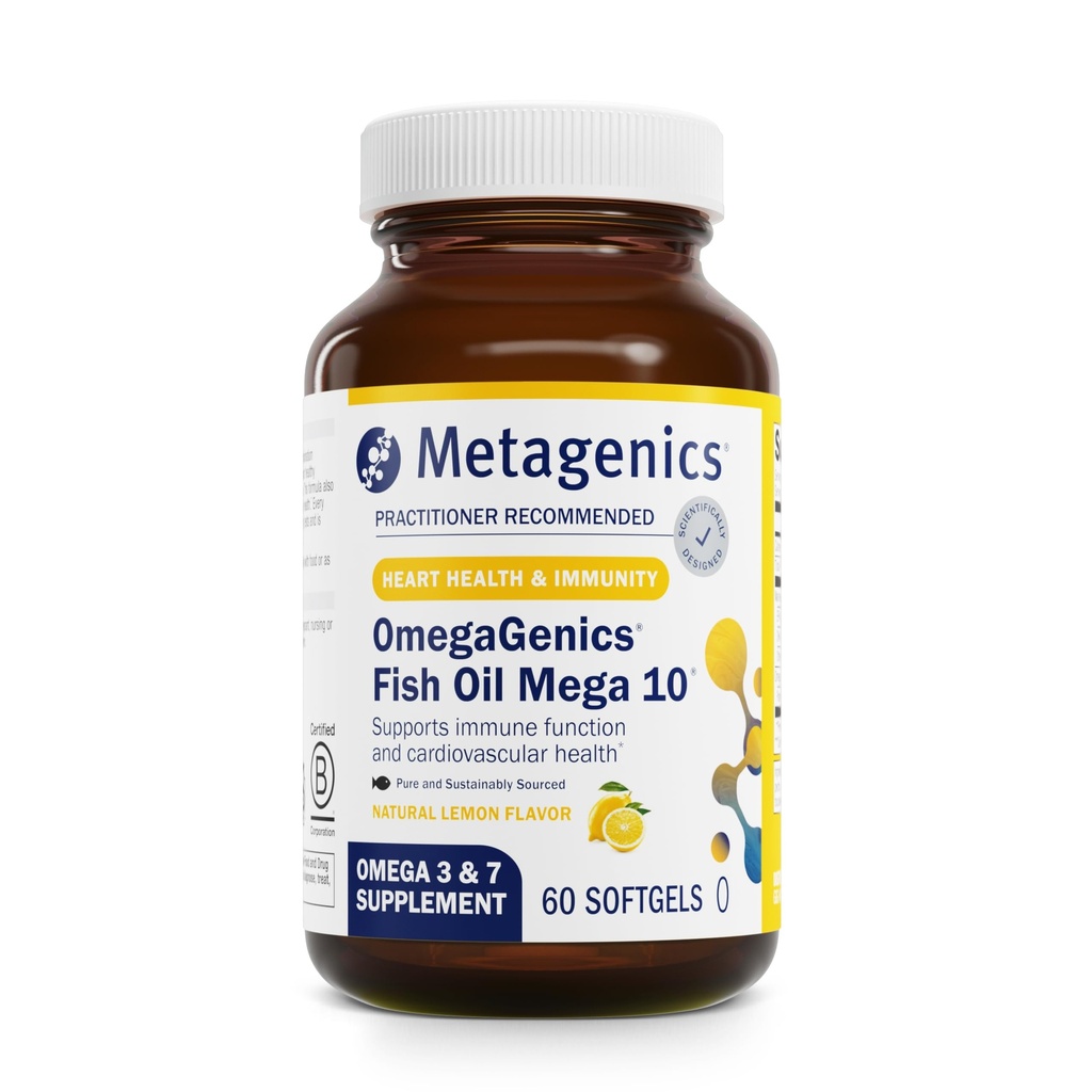 OmegaGenics Mega 10 Omega 补充-与 Omega-7, 330 mg EPA 和 170 mg DHA 用于心脏健康* - 可持续源头和无鱼味 余味 - 非GMO和无糖 - 60 软胶