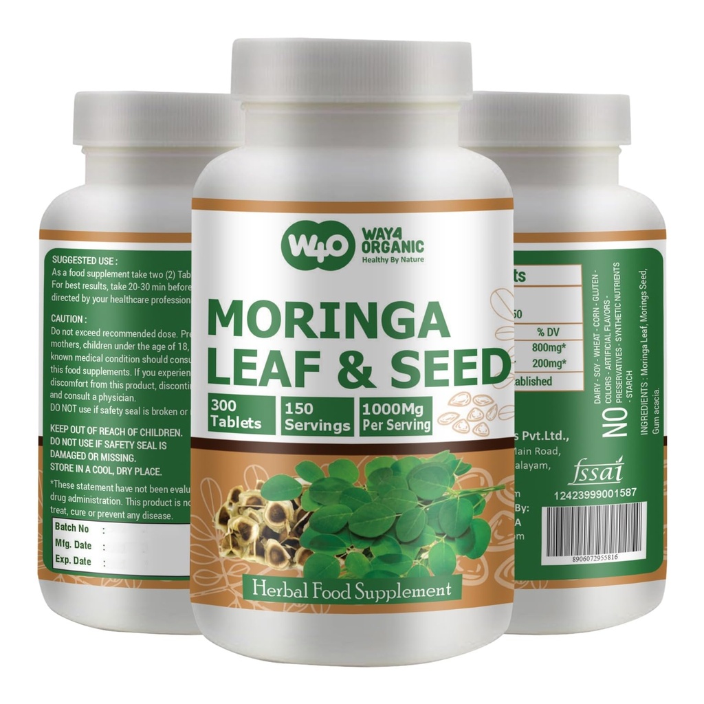 Moringa Oleifera 叶和种子粉(80:20) 比例 300 Pills(表), 150 services, 1000 mg. 未经涂抹的马伦盖草药补充剂, No Chemical Coating, Green Superfood. 一号包