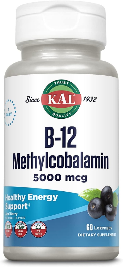 KAL维生素B-12 甲基Cobalamin Lozenges 5000mcg,健康能源,代谢,Nerve和红血球支持,* 最佳吸收,天然Acai Flavor,Vegan,无糖,60服务,60Lozenges