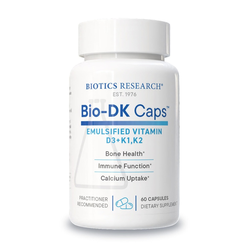 BIOTICS 生物-DK CapsTM – 硫化维生素D和K,维生素D3 125 mcg  & Vitamin K (k1,k2) 550 mcg – MK7 – 维生素D3 K2 K1,强骨,肌肉骨骼强力,健康心和BMI 60 Caps