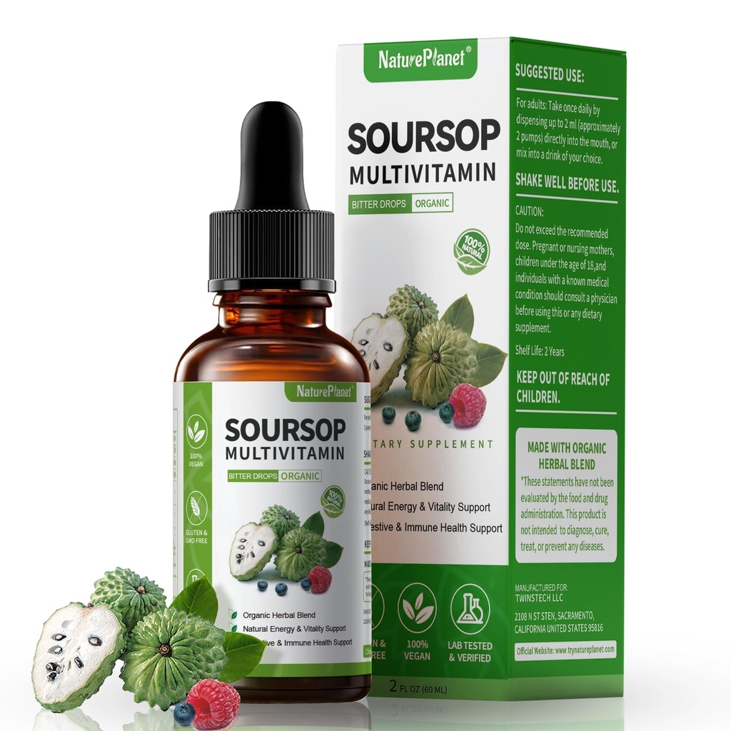 Graviola Soursop Bitters 液滴配有维生素C, D3, B6, 5000mg Soursop 水果和叶片提取 + 10 位ters 植物学用于免疫支持 消化 健康 抗氧化剂 Boost → N-GMO Vegan 2 Fl Oz