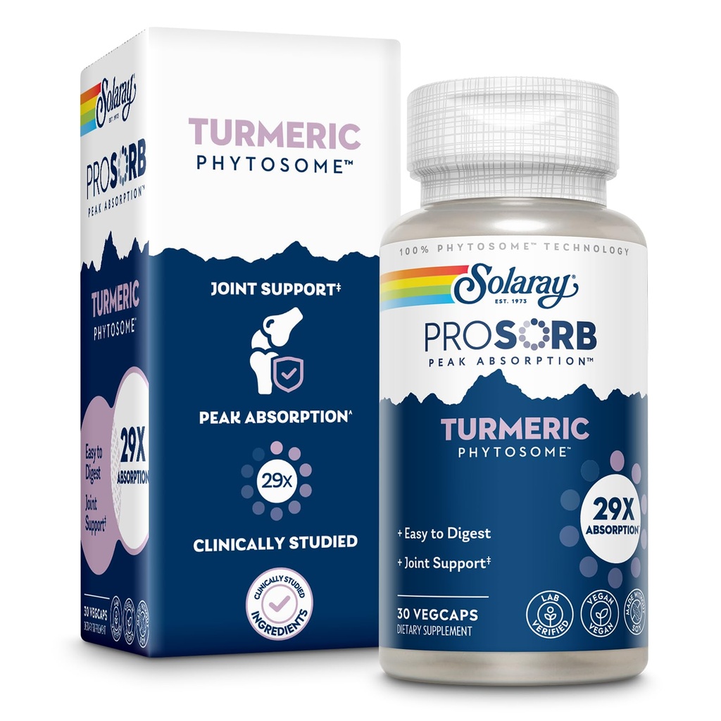 SOLARAY ProSorb Turmeric Phytosome 500 mg - 29X 高吸附性Turmeric Crucumin 联合健康支持补充 - Easy-to-Digest Crucumin,Vegan,60天保障,30 Serv,30 Veg Caps