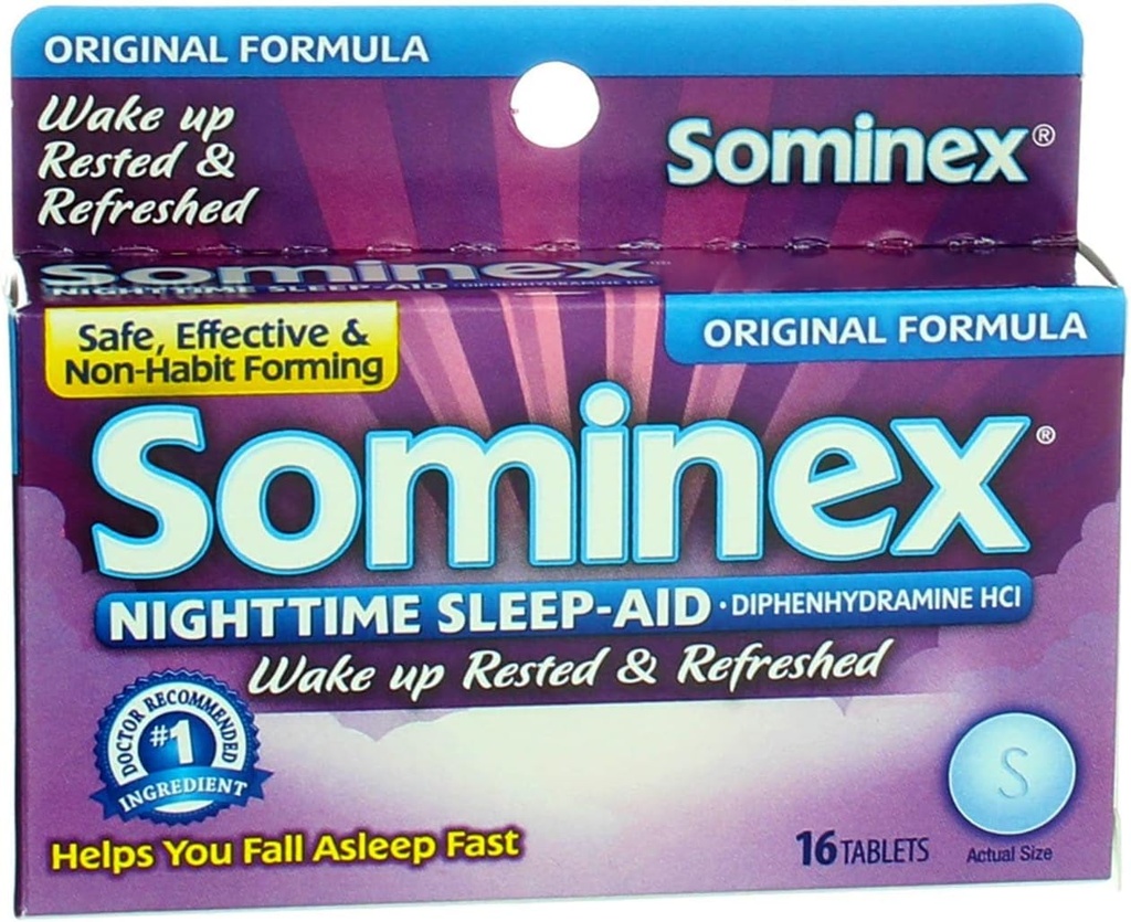 Sominex 夜间睡眠辅助剂,二酚胺HCl 25毫克,原配方,16片(包1)