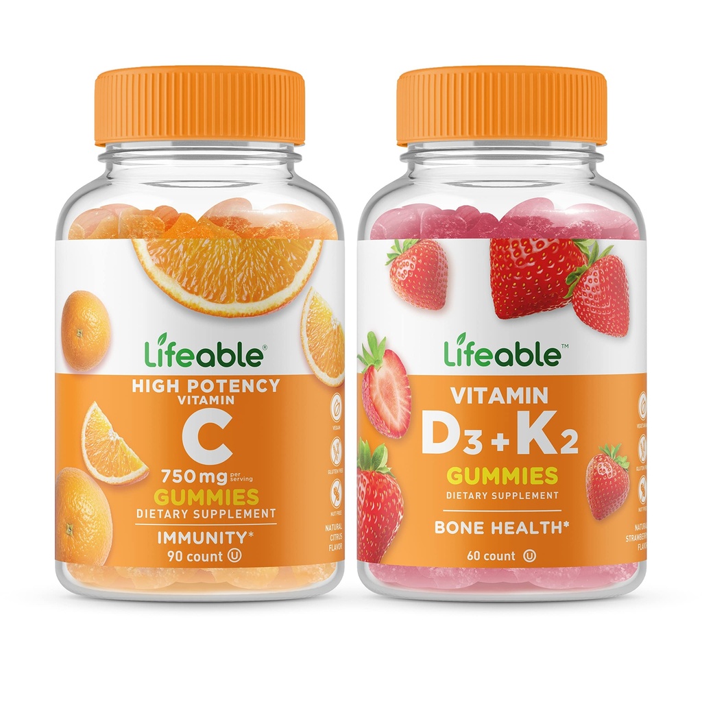 活生生的维生素C 750mg + 维生素D3 + 维生素K2,Gummys Bundle - Great Tasting, Vitamin Supplement, Gluten Free, GMO Free, Chewwable Gummy (英语).