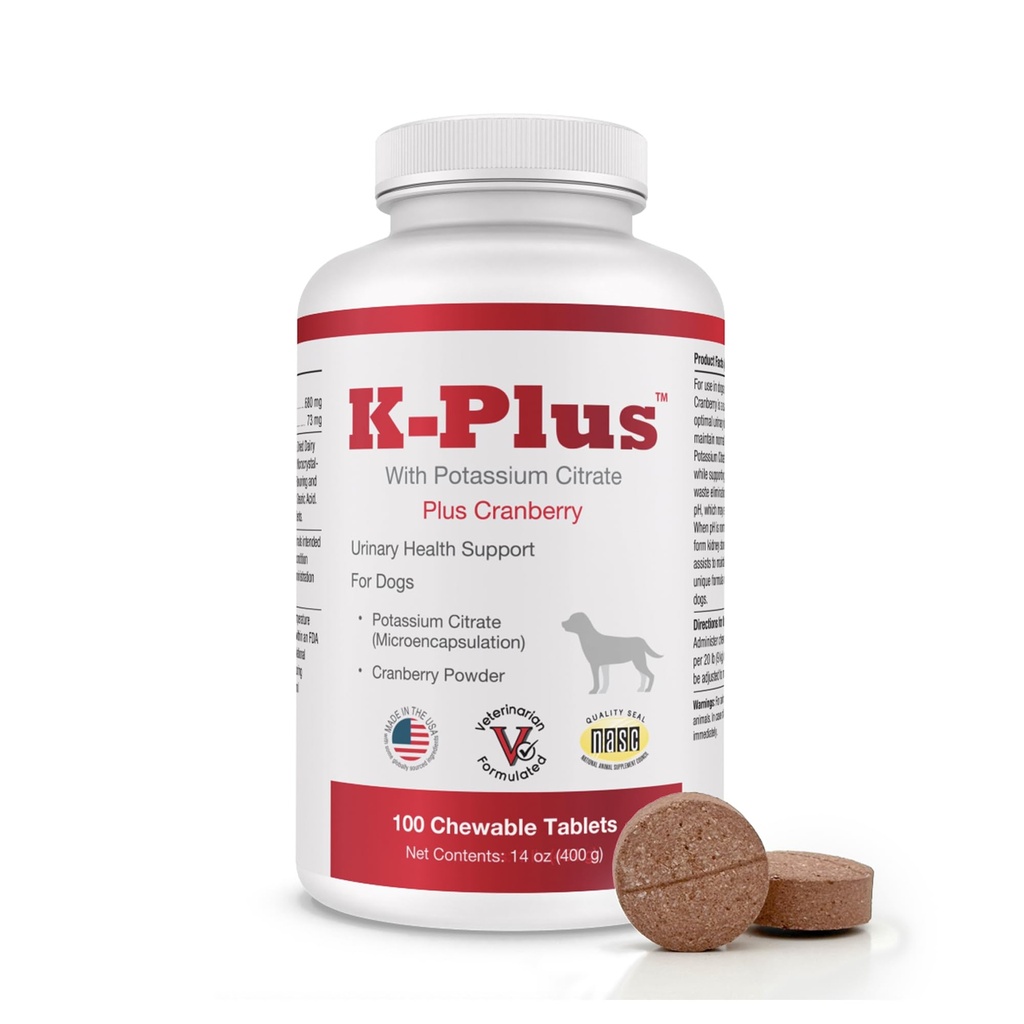 K-Plus Potassium Citrate Plus Cranberry 狗肉补充剂 - UTI 补救 Chewable 药片 - 支持Bladder 健康 - 每只狗饲养(100个标签)