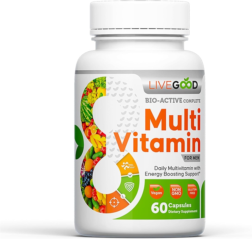 LiveGoodTM Men's Bio-Active Complete multivitamin, Daily 补充维生素A, B12, C, E, Lycopene, Vegan, 60 Capsules (英语).