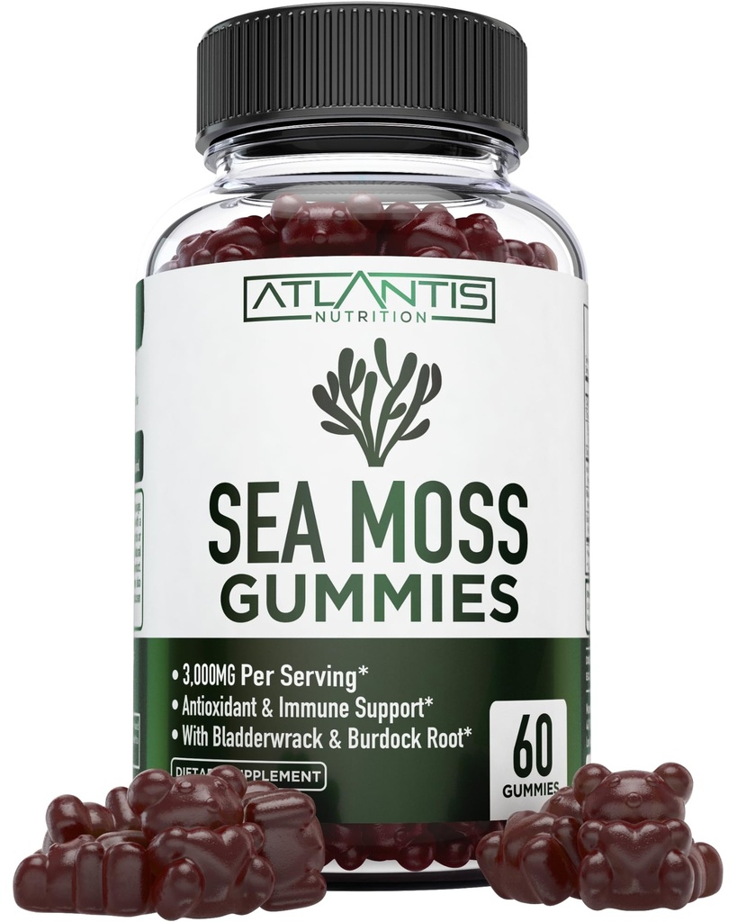 爱尔兰海苔(Moss Gummys) - 3000MG - 公式化 w/ 爱尔兰海苔(Sea Moss),Bladderwrack & Burdock Root, 包含基本维生素和矿物质 - 抗氧化剂-Rich超级食品补充剂,60 Sea Moss Gummys for Adults