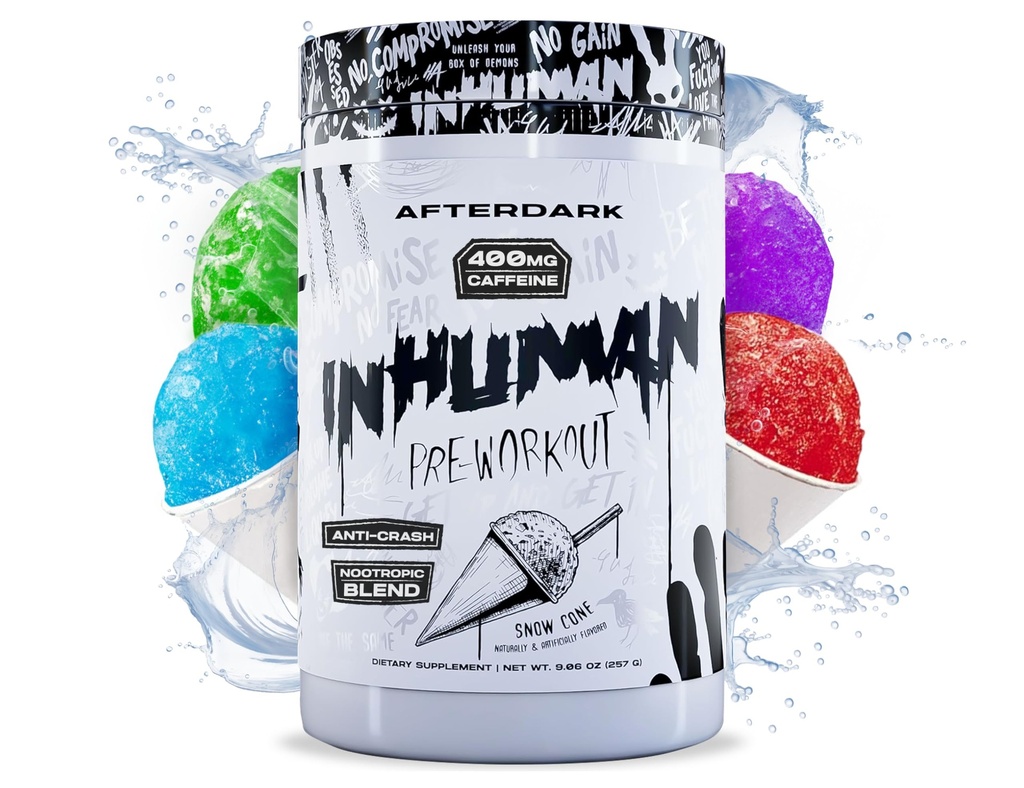 AFTERDARK INHUMAN 工作前粉,增强心肌连接, 持续能源, Potent Nootropic Blend, Vegan, Gluten - Free, Soy - Free, 400mg Cafeine, No Crash, SnowCone 等