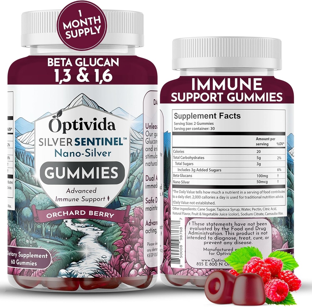 Optivida Nano Silver Immune Support Gummies (60 Count) – Beta Glucan Supplements for Daily Immune Support, Orchard Berry Flavor for Immune Health, Colloidal Silver Supplement with Beta Glucan 100