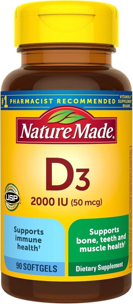 天然制维生素D3 2000 IU(50 mcg),Bone、牙齿、肌肉和免疫健康支助维生素D补充剂,90软胶,90天供应