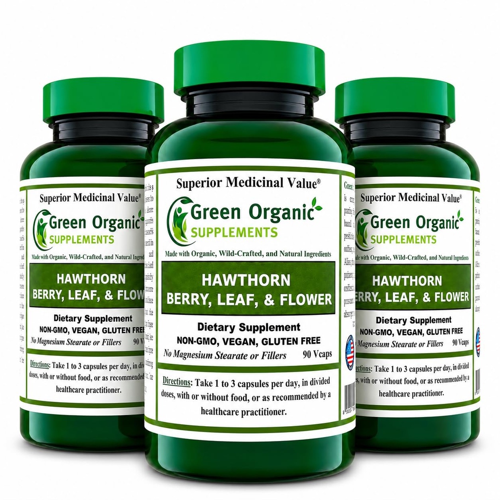 Green Organic Supplements Hawthorn Berry Capsules, Leaf, Flower, Hawthorn Supplements Contains 90 Capsules, Natural Hawthorn Herbs for Cardiovascular Health & Natural Heart Care (Pack of 3)