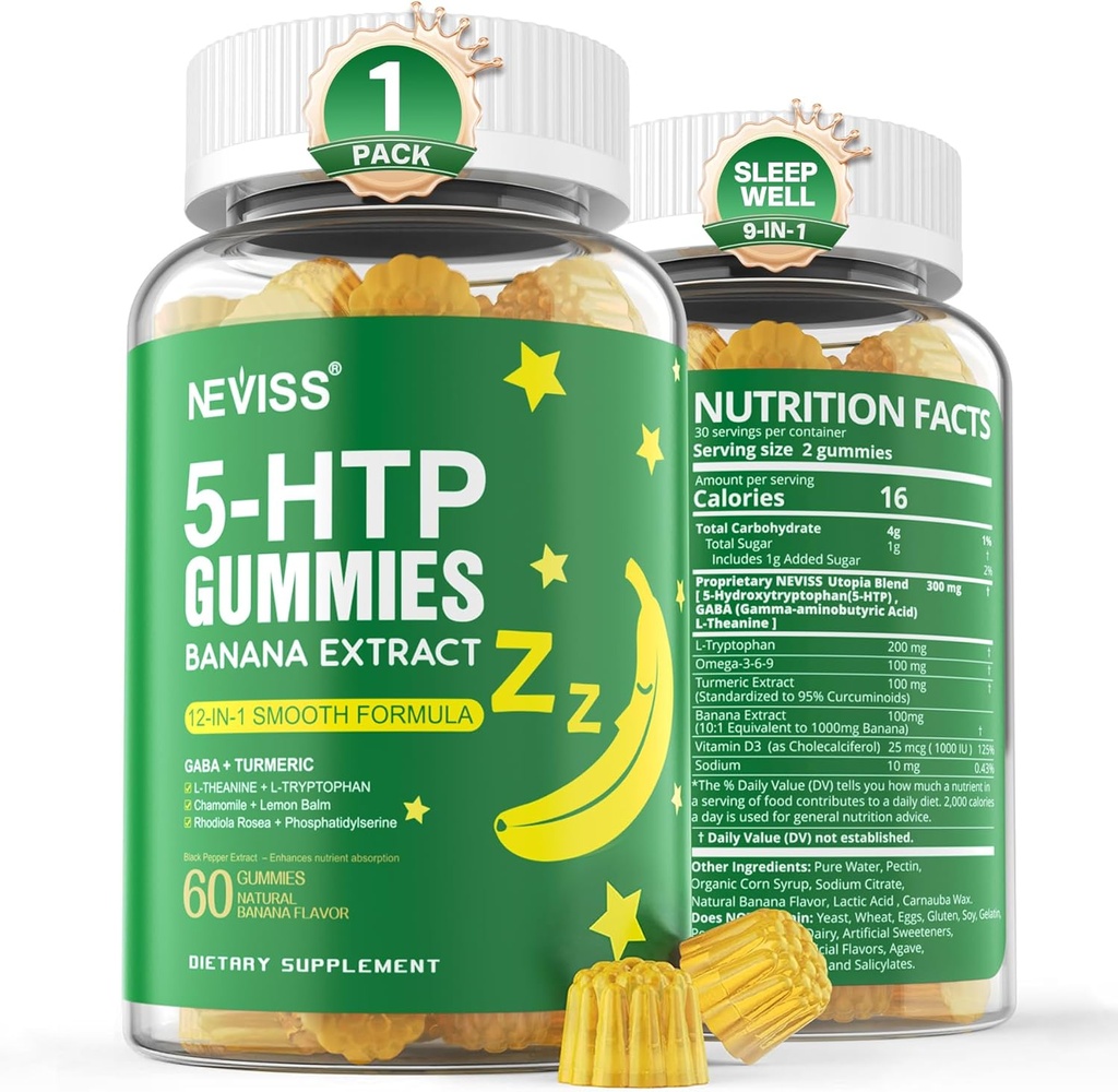 NEVISS 1Pack 5-HTP Gummys + GABA - Melastonin Free - 放松加香蕉提取剂的Gummys,L-Theanine,L-Tryptophan,用于健康休息循环和循环的维生素D3,大脑功能和肌肉放松.