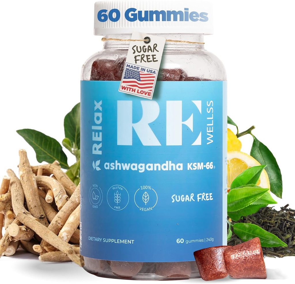 Ashwagandha & Vitamin D Gummys – 饮食补充 → KSM 66 Ashwagandha 冷静支持 300mg → L- Theanine Lemon Balm → 天然草药 NN-GMO 糖自由 Gluten Gelatin Free → 1 Pack