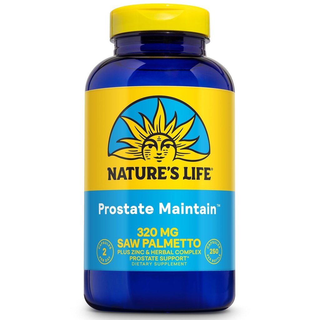 自然生命前列腺维持——男子健康前列腺支助补充——Saw Palmetto、Pygeum Herbal综合体和锌补充——125种服务,250种植物卡普尔