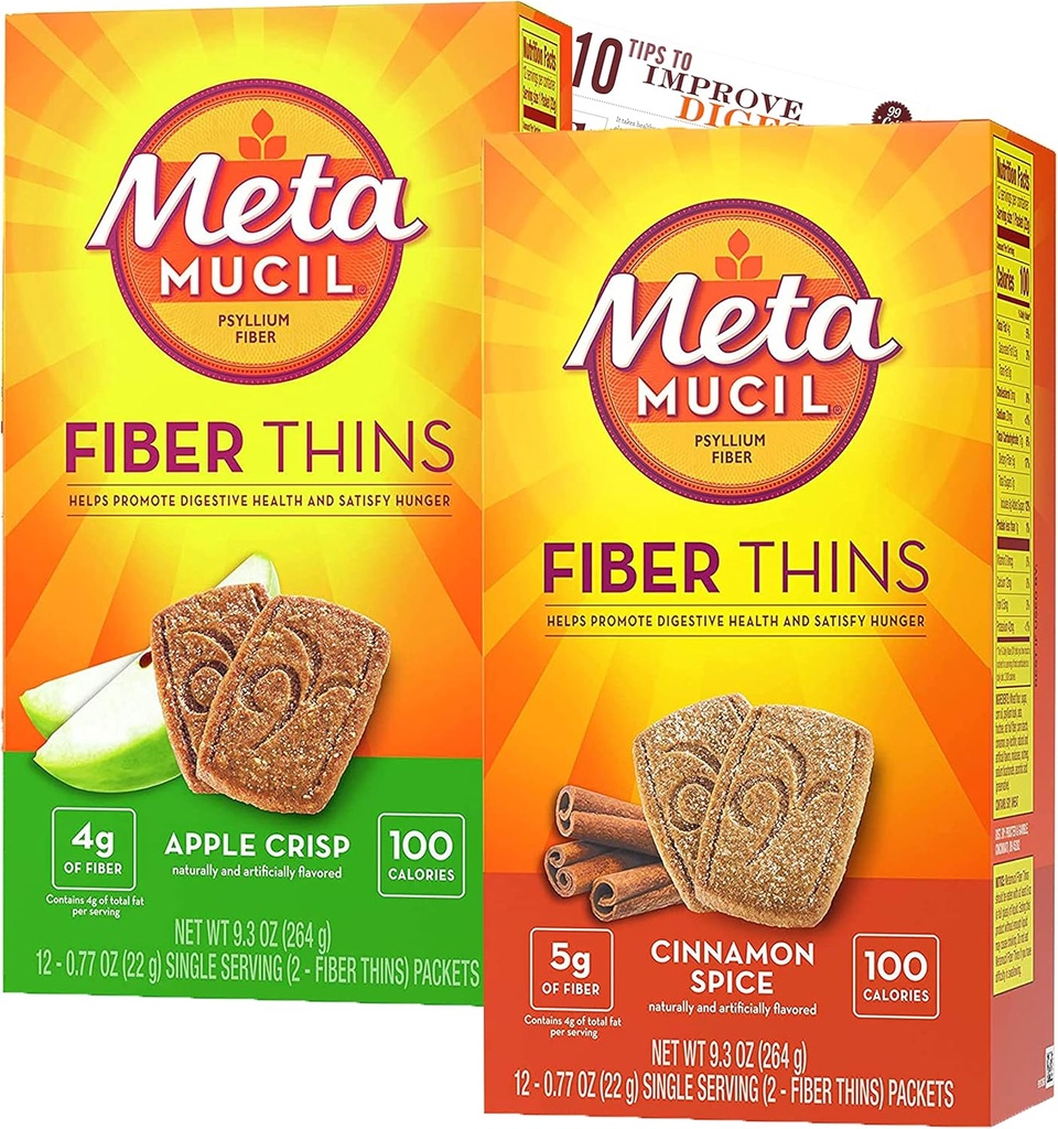 Metamucil Fiber Thins Fiber 配有 Bleam 文摘健康支持卡 Psyllium Fiber Bars - 12CT Apple Crisp & 12CT Cinnamon Spice - 设定