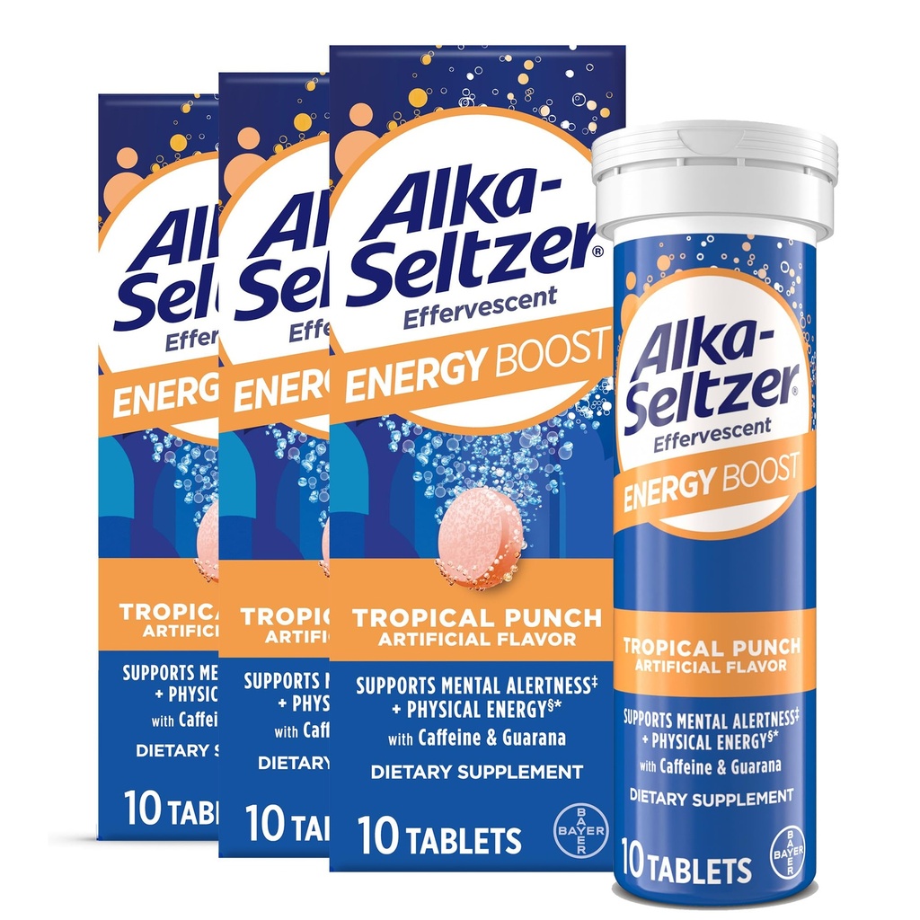 Alka-Seltzer 能源助推:咖啡因和瓜拉纳、B维生素、支持精神警惕和物理能源、每日能源补充、Fizzy平板、无糖、轻热带冲锋,30厘米
