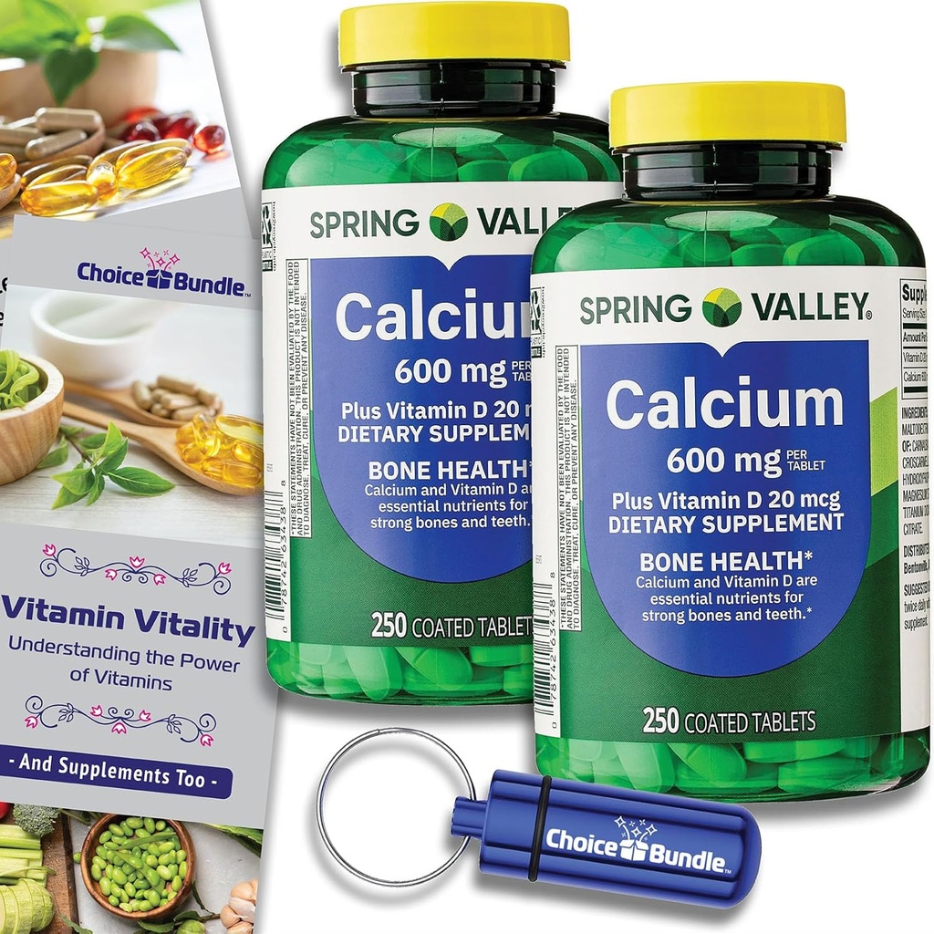 Choice Bundle Spring Valley Calcium + 维生素D 片600 mg 250 Ct 2 pk(共计500) + “维生素生命力”指南和药剂容器(4项)!