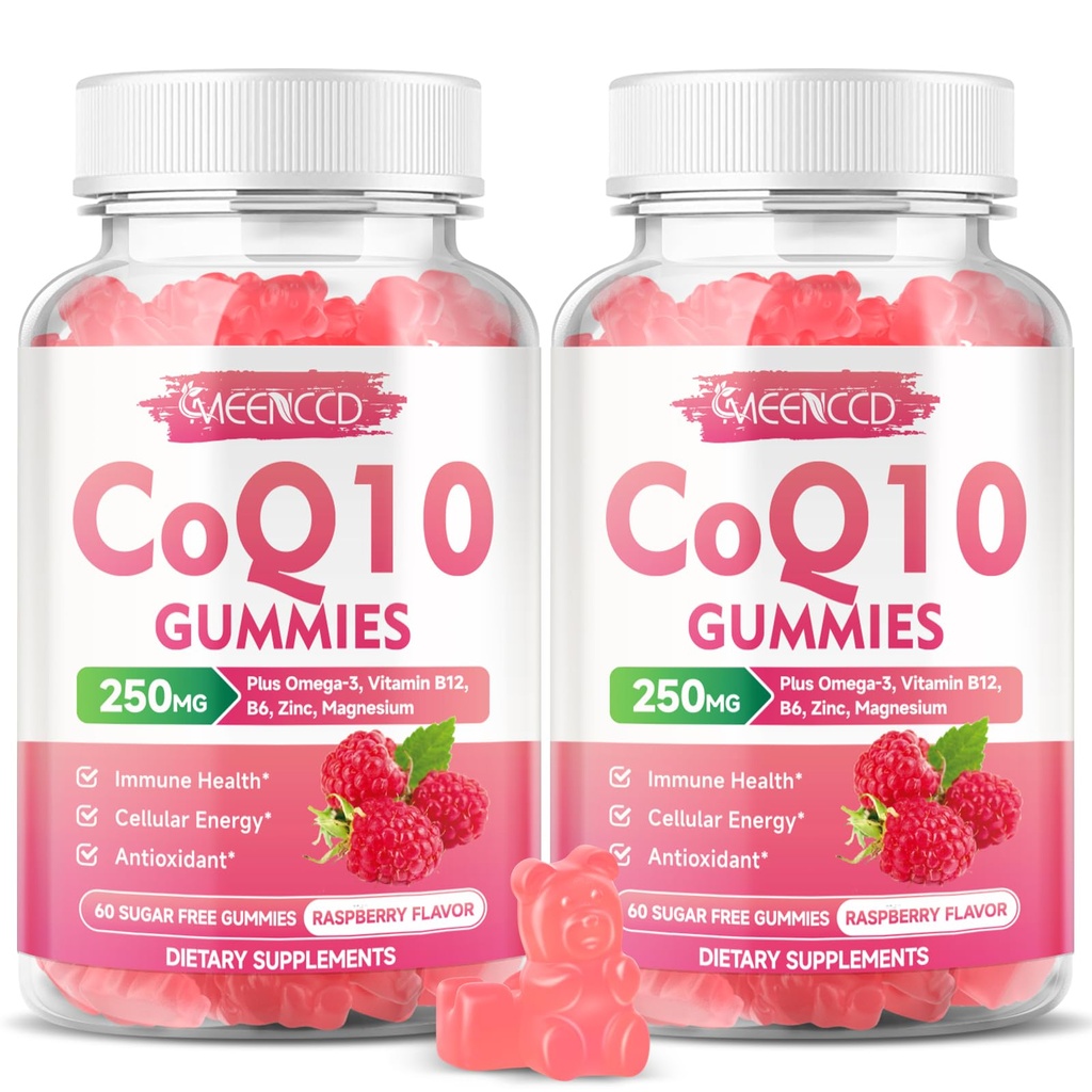 无糖CoQ10 Gummys 250mg,Coenzyme Q10 补充物 Plus Omega-3,维生素B6 & Zinc,高吸收CoQ10 细胞能量和抗氧化剂支持补充物 Raspberry Flavor, Vegan 120Cts