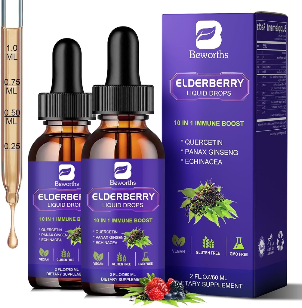 2 Pack Elderberry Syrup、黑老莓滴与奎西丁、Panax Ginseng、维生素C和锌、Sambucus Elderberry Syrup液用于免疫支持、Vegan、非GMO和Gluten Free