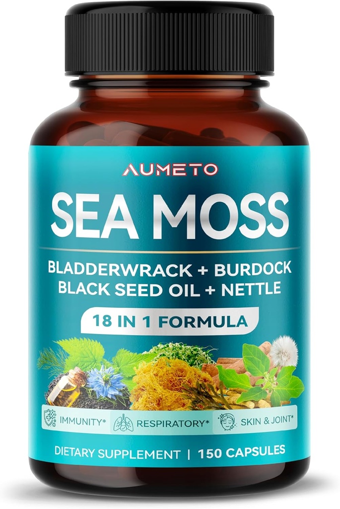 Premium Sea Moss 与黑种子石油, Ashwagandha, Bladderwrack, Nettle - 高级 18-in-1 豁免助推公式, 矿物-Rich - 在美国制造(150个计数(一包))