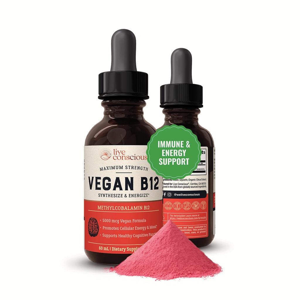 Live Agency Vegan Vitamin B12 亚语液滴 | Methycobalamin Max 强力 B12 5000mcg 公式 | Vegan B 12 维生素支持能量 | 促进记忆和援助免疫系统 | 60 服务