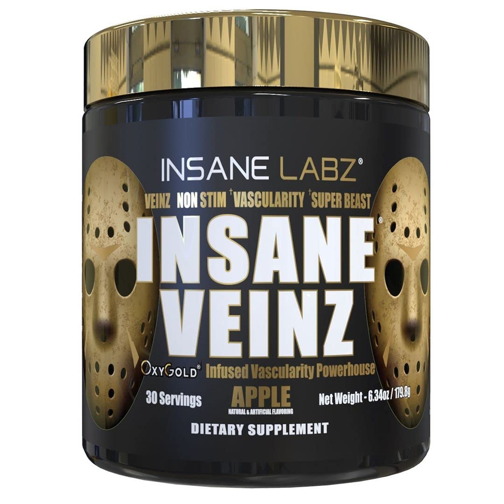Insane Labz Insane Veinz Gold, Nitric Oxide 非兴奋剂 工作前粉末, 装入氢马克斯, 硝基西辛, 增加气压和血流, 30 Srvgs, 苹果