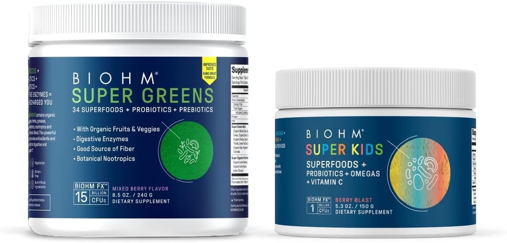 BIOHM 超级绿种和超级孩子 Bundle, 绿色超级食品 抗氧化剂 Veggies with Kids Superfood Plus Proviotics, Berry Flavor, 30 services Each