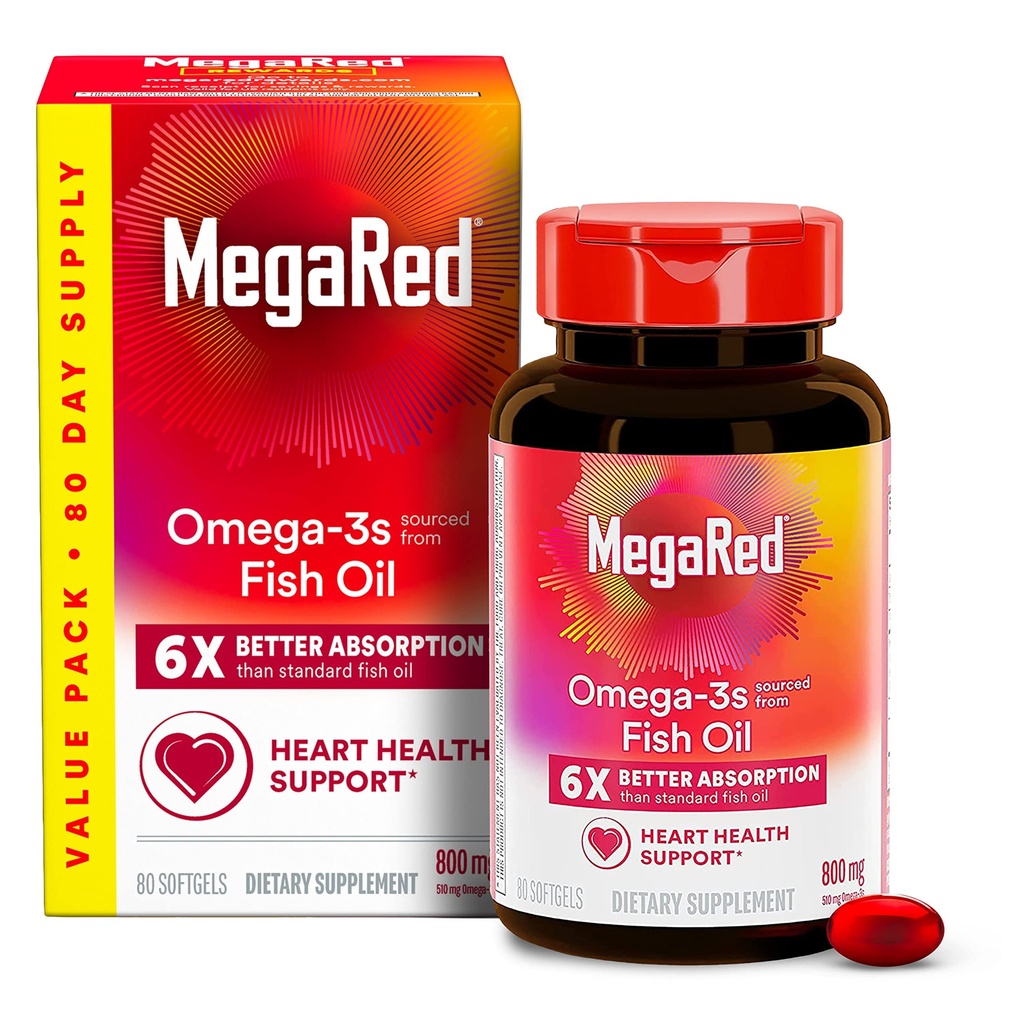 MegaRed Advanced 6X 吸收软胶 - Omega-3 鱼油增量800mg(80 count in A Box),环保局,DHA,鱼油,支持心脑关节和眼睛
