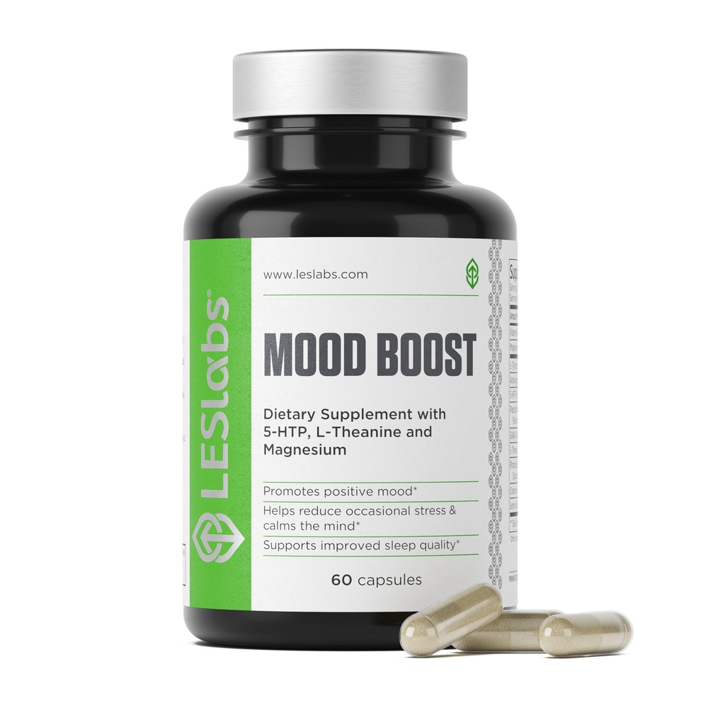 LES Labs Mood Boost – 压力缓解,Mood支持,深度放松和更好的睡眠 – 5-HTP, Ashwagandha, Rhodiola Rosea, 镁, L-Theanine & GABA – 非GMO 补编 – 60 Capsules