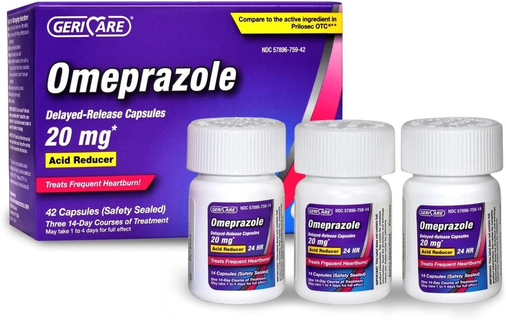 GeriCare Omeprazole 延迟释放 Capsules 20.6mg - 24小时心脏灼伤的减酸药 - 治疗频繁心脏灼伤的酸性 Reflux Medicine (42 Counter)