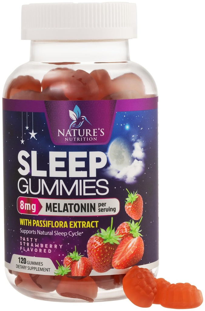 成人超强睡眠Gummys Extra Force 8mg - Melatonin with Passiflora Excert for Restful Sleep - 快速代理 Melatonin 睡眠Gummy 补充, Vegan, Non-GMO, Tasty Strawberry Flavor - 120 Gummys (英语).