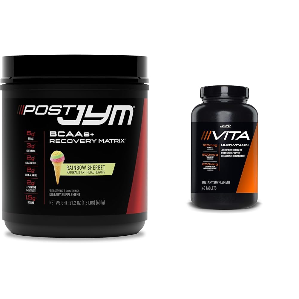 后 JYM 活动矩阵 后工作与 BCAAs, Glutamine & More Rainbow Sherbert Flavor + Vita JYM 运动员的多维素与超过 25 个关键成份 60 块