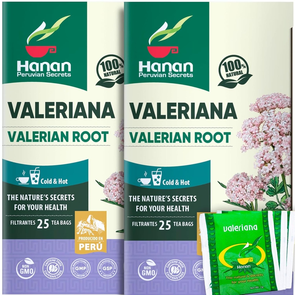 Hanan Valerian root Tea for Bedtime (50 Bags) - Te de Valeriana, 草药镇静夜茶 - 100%纯,无咖啡因,非GMO,来自秘鲁的草药 - 包2盒