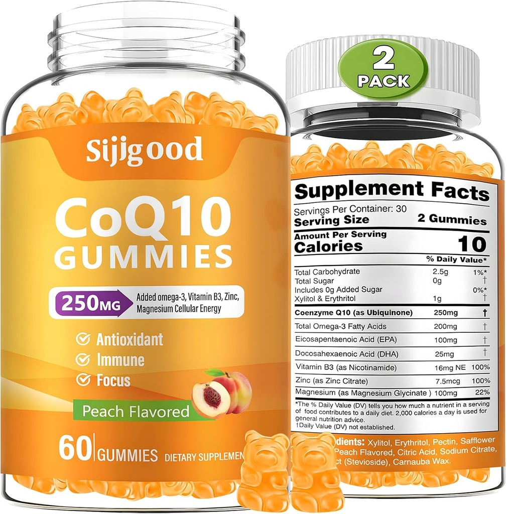 2 Pack CoQ10 Gummys, Plus Omega-3, 维生素B3 and Zinc, 镁, 5X 高吸收共聚体 Q10 补充剂, q10 用于促进细胞能量, 强抗氧化剂和大脑, 桃花瓶, 120 Cts