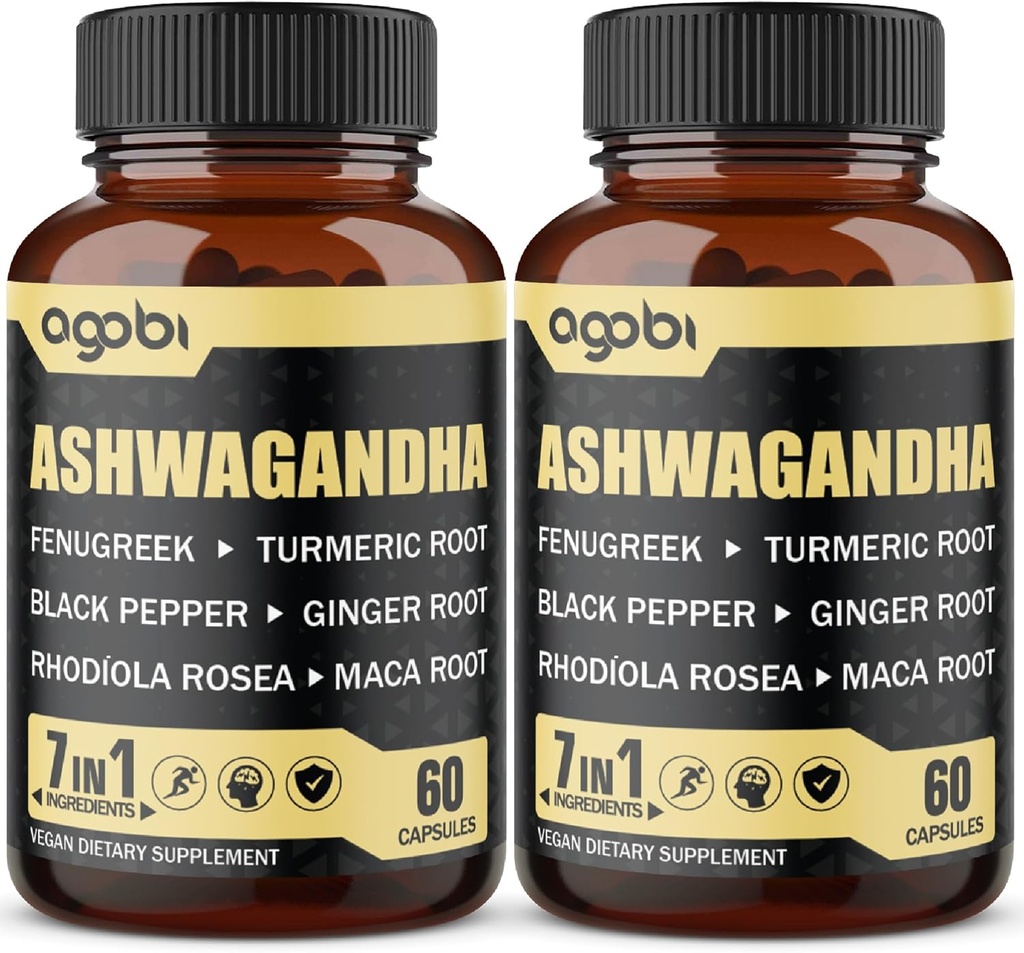 2 Pack 60 Capsules - 8050mg Ashwagandha 抽取补编 - 7in1 配有 Fenugreek, Maca, Turmeric, Rhodiola, Ginger & Black Pepper - Spirit, Immune & Energy Support - 4个月供应
