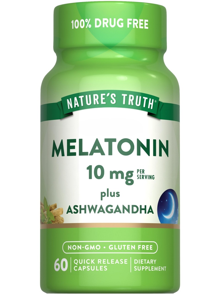 Nature's Truth Melatonin 10 mg with Ashwagandha | 60 Capsules | Non-GMO & Gluten 成人免费补编