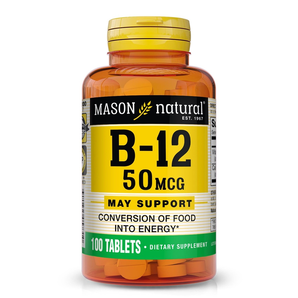 MASON 天然维生素B12 50毫克加钙,100天供应,支持自然能源水平的饮食补充,100平板(一包)