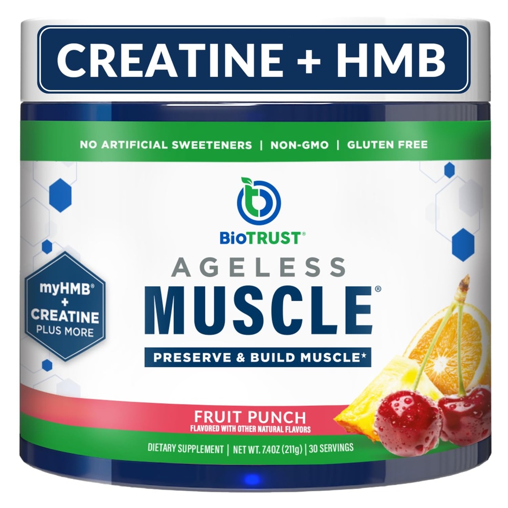 生物信任无龄肌肉构建器 - 配有维生素D3 & Betaine的Creatine HMB 粉末 - 构建和保存自然下降的肌肉质量和强度 - 水果冲锋,30种服务