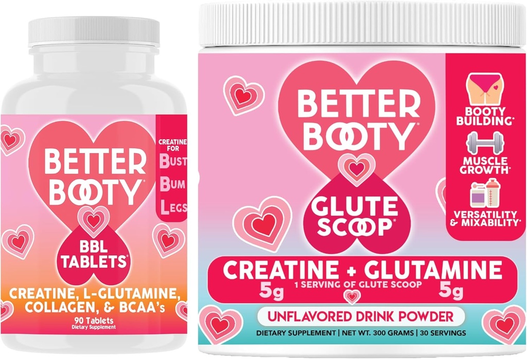 Angry 补充更好的靴女Creatine Combo: BBL 片(90cm) w. Creatine, Glutamine, BCAA's, Collagen + Glute Scoop Creatine 和 Glutamine 不受欢迎的饮品混合