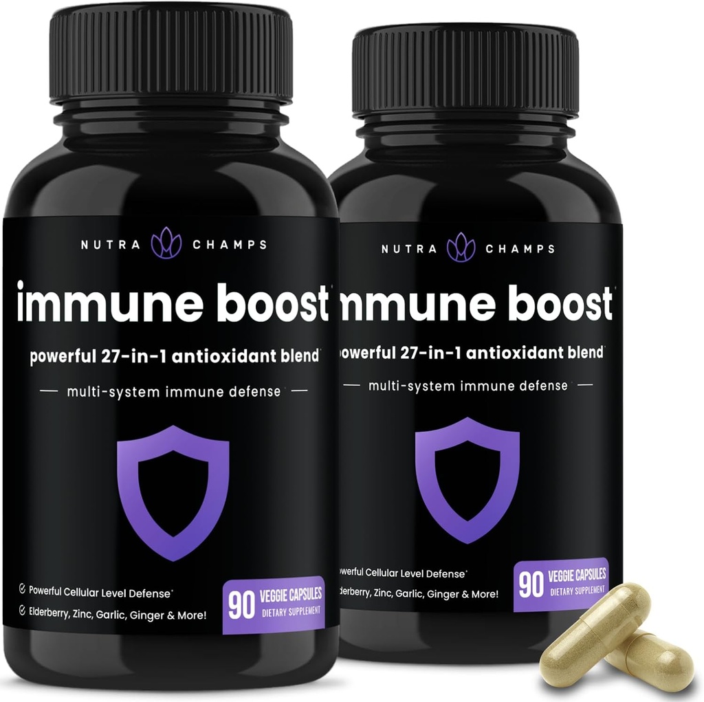1 免疫支持补编中的NutraChamps 27, 90 免疫防护卡普尔, 1000mg 维生素C, 5000 IU D3, 长老莓, 锌, 1亿 CCFU Probiotics & More (Pack of 2).