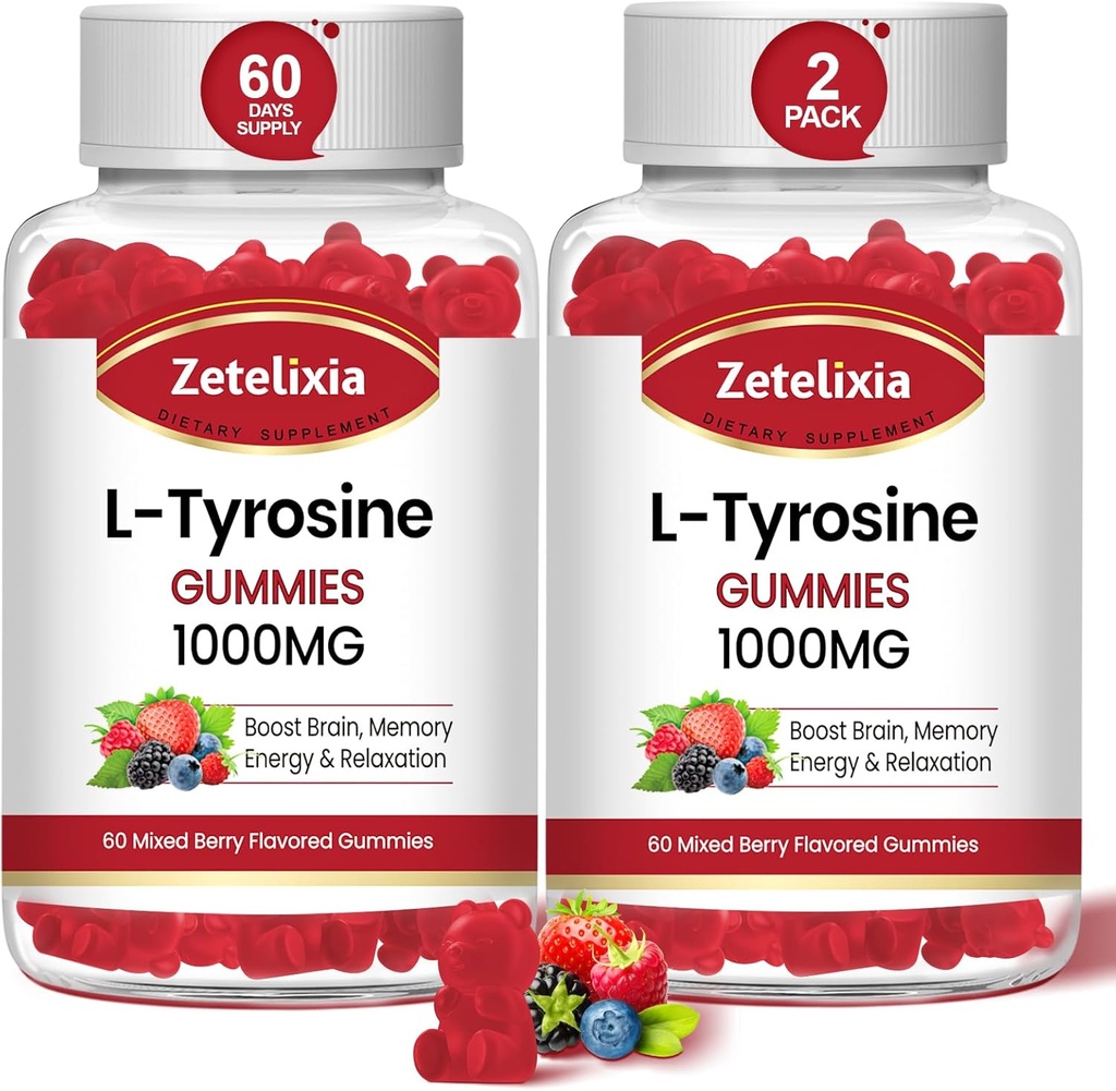 L Tyrosine Gummys 1000mg, L-Thenine Supplement Gummy 200mg, Sweet Free L-Tyrosine 配有成人和孩子维生素B6 能量补充 - 支持 Mood Focus Gummys, 大脑记忆, 120 Count