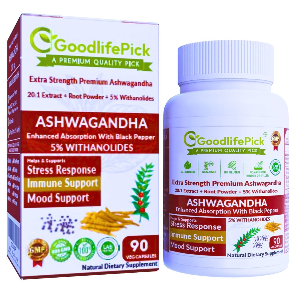Premium Ashwagandha Capsules with Black Pepper. 来自 Ashwagandha Powder & 20:1 的强力5% Wthanolides 提取 90 ct. Natural NOMO NO 水稻粉 NO 填充器