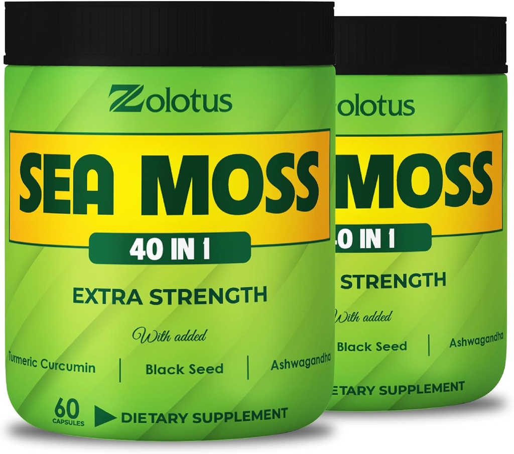 Zolotus (2 Packs 60 Capsules Sea Moss Supplement 40 in 1), 配有 Turmeric Curcumin, Ashwagandha Root, 乳腺系统的Bladderwrack, 身体平衡和心脏健康