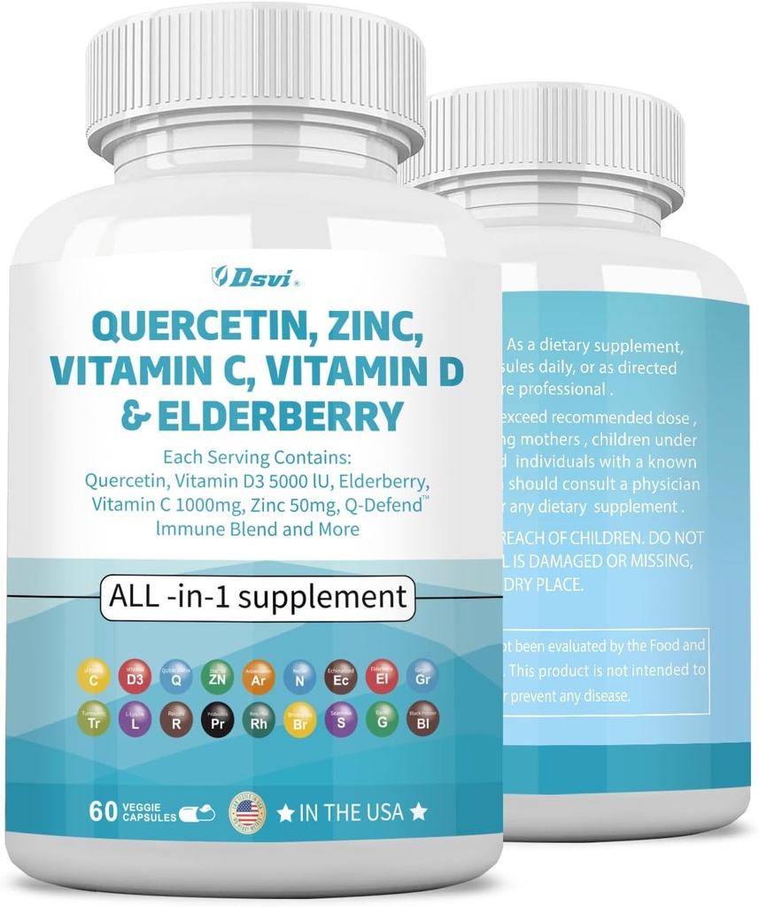 Quercetin 1000mg 锌 50mg 维生素 C 1000mg 维生素 D 5000IU 免疫系统支持补充 Echinacea 姜汁 Bromelain Sea Moss Garlic Nettle Vegan Capsules for Men and Women,60 美国伯爵