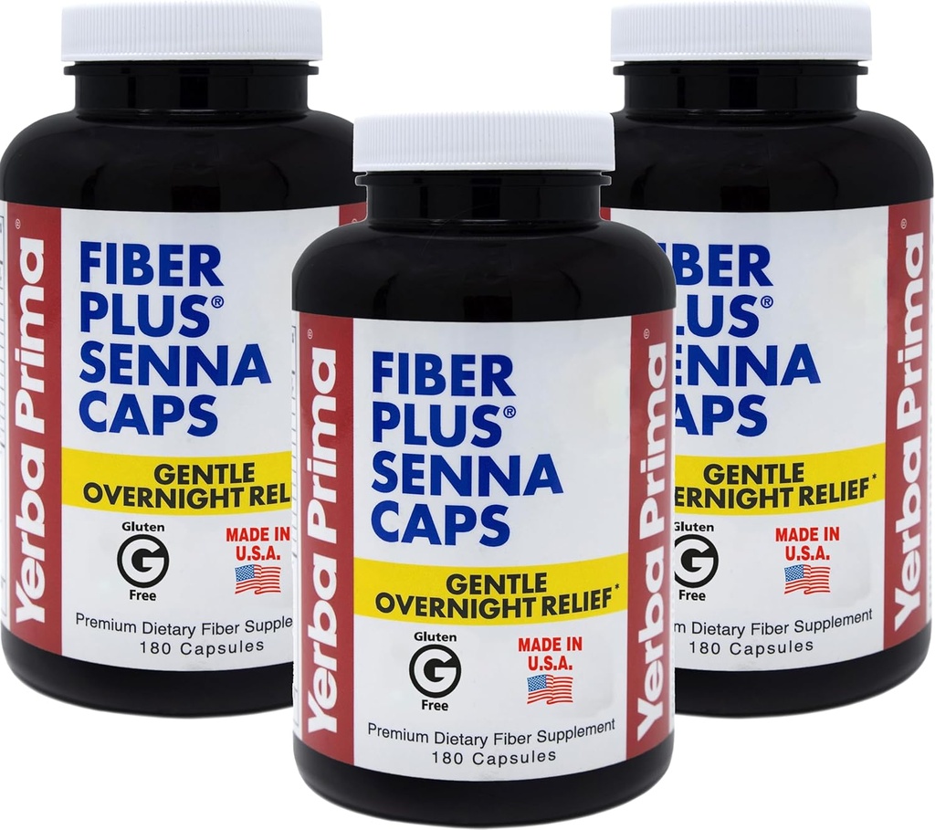 Yerba Prima Fiber Plus Senna Capsules, 180 Counter(3 Pack) - 美国制造、非GMO、Gluten-free
