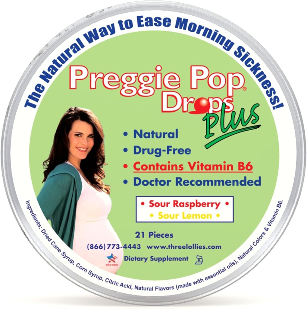 Preggie Pop Drops Plus Plus 21 Drops 怀孕期间的早安和恶心救济维生素B6 怀孕的妈妈和婴儿的安全性 Gluten Free + Two Flavors: Lemon & Raspberry