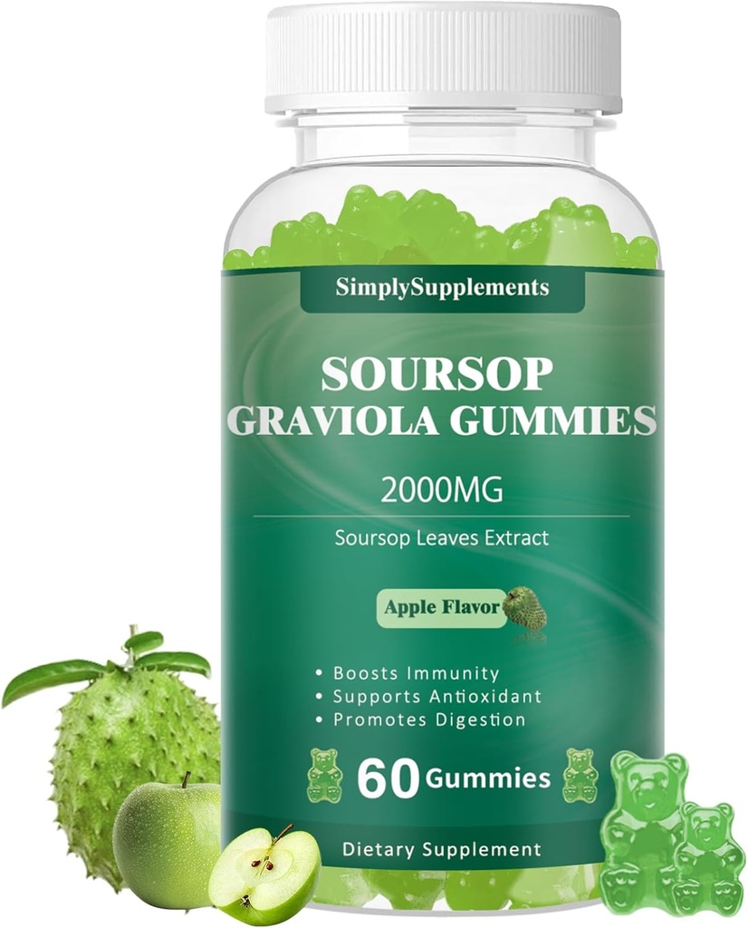 Soursop Graviola Gummys, 有机苏尔索普叶片提取 2000mg 抗氧化剂, 免疫支持和消化推广, Vegan - Green Apple Flavor - 60 Gummys